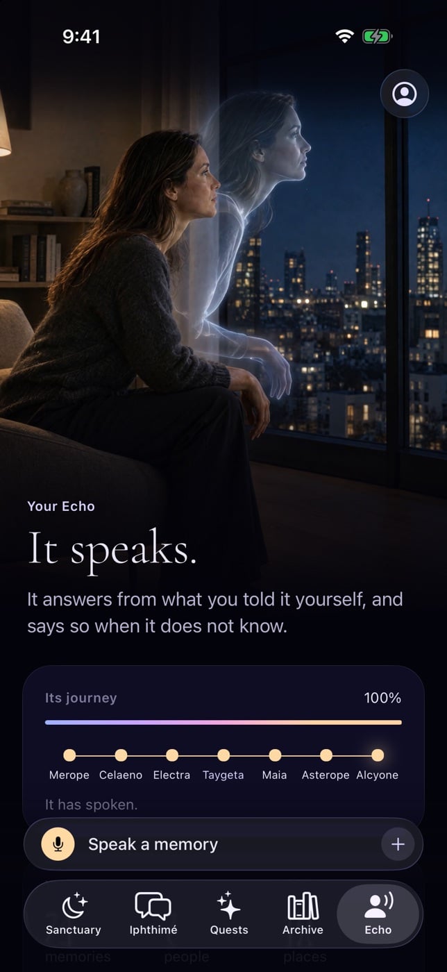 Your Echo: the transparent double of a woman stepping out of her by a window over the city at night