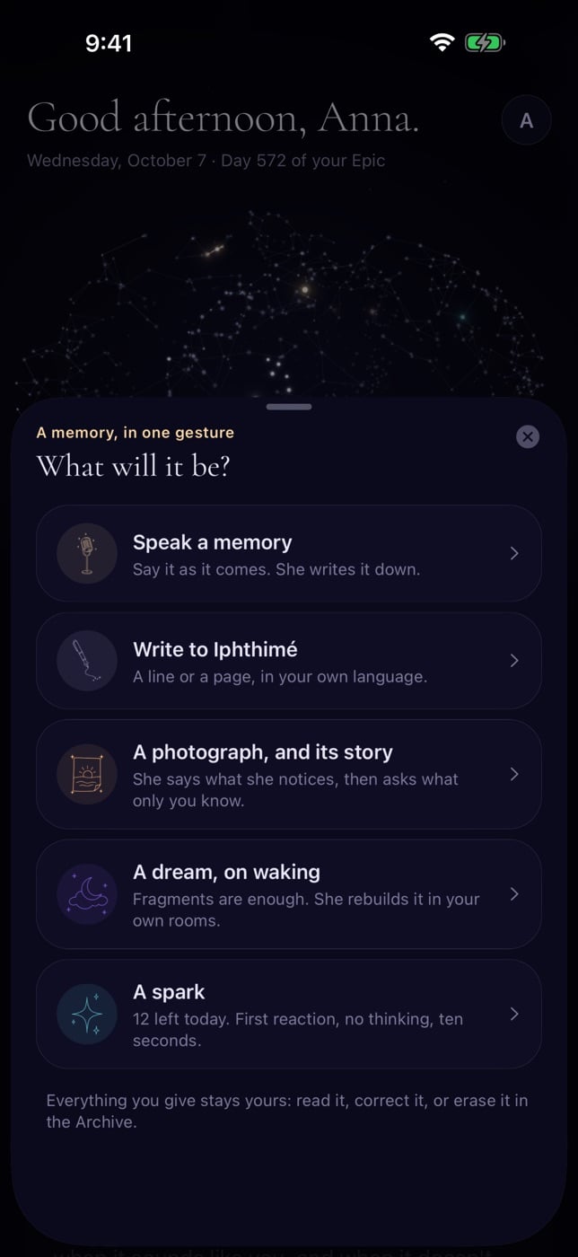 Give: one sheet with the five ways of adding a memory — speak, write, a photograph, a dream, a spark