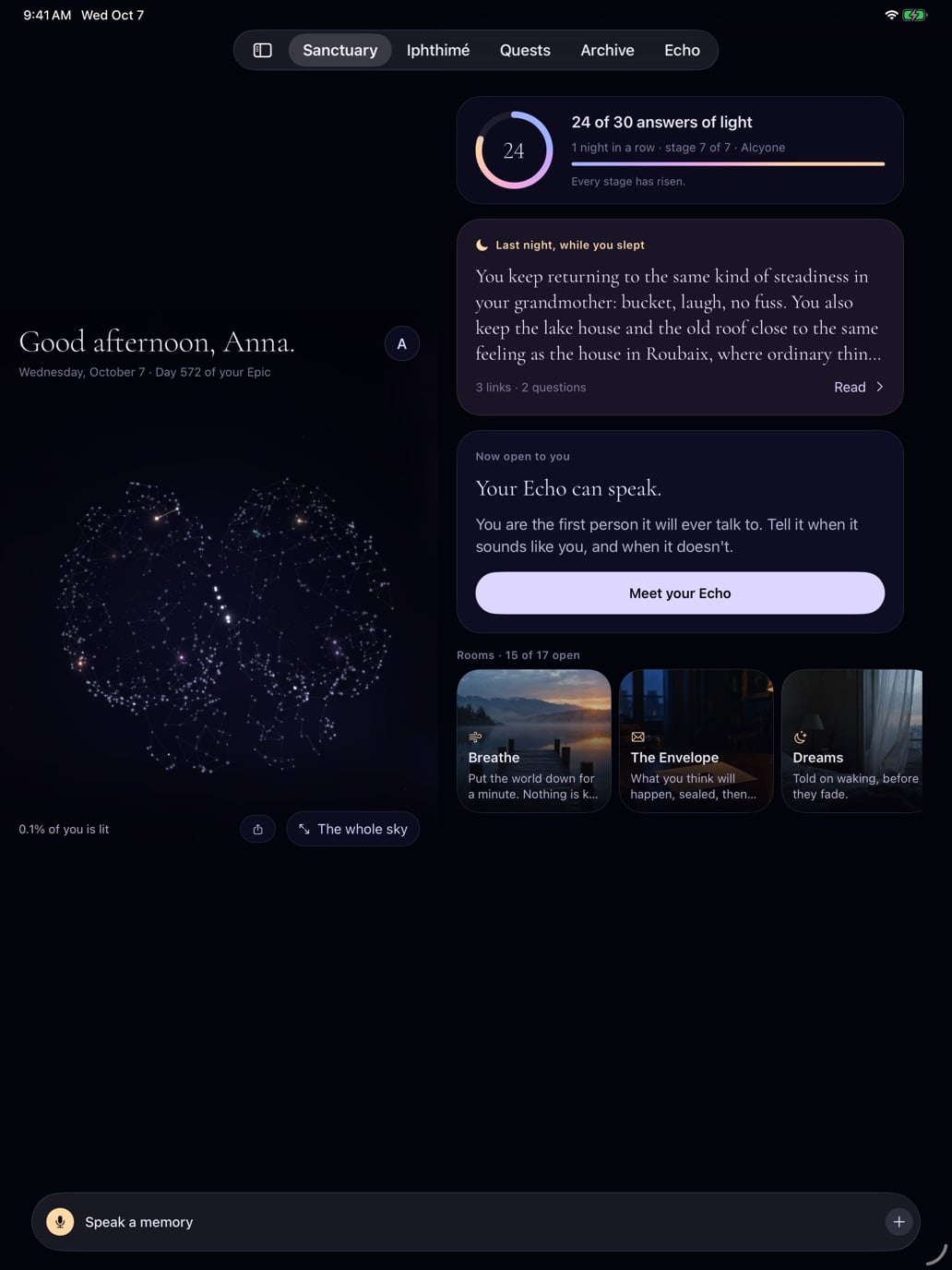 Selione on the 13-inch iPad: the sky of the mind standing on the left; on the right the light of the day, tonight's rooms, the note the Night left and the door to the Echo