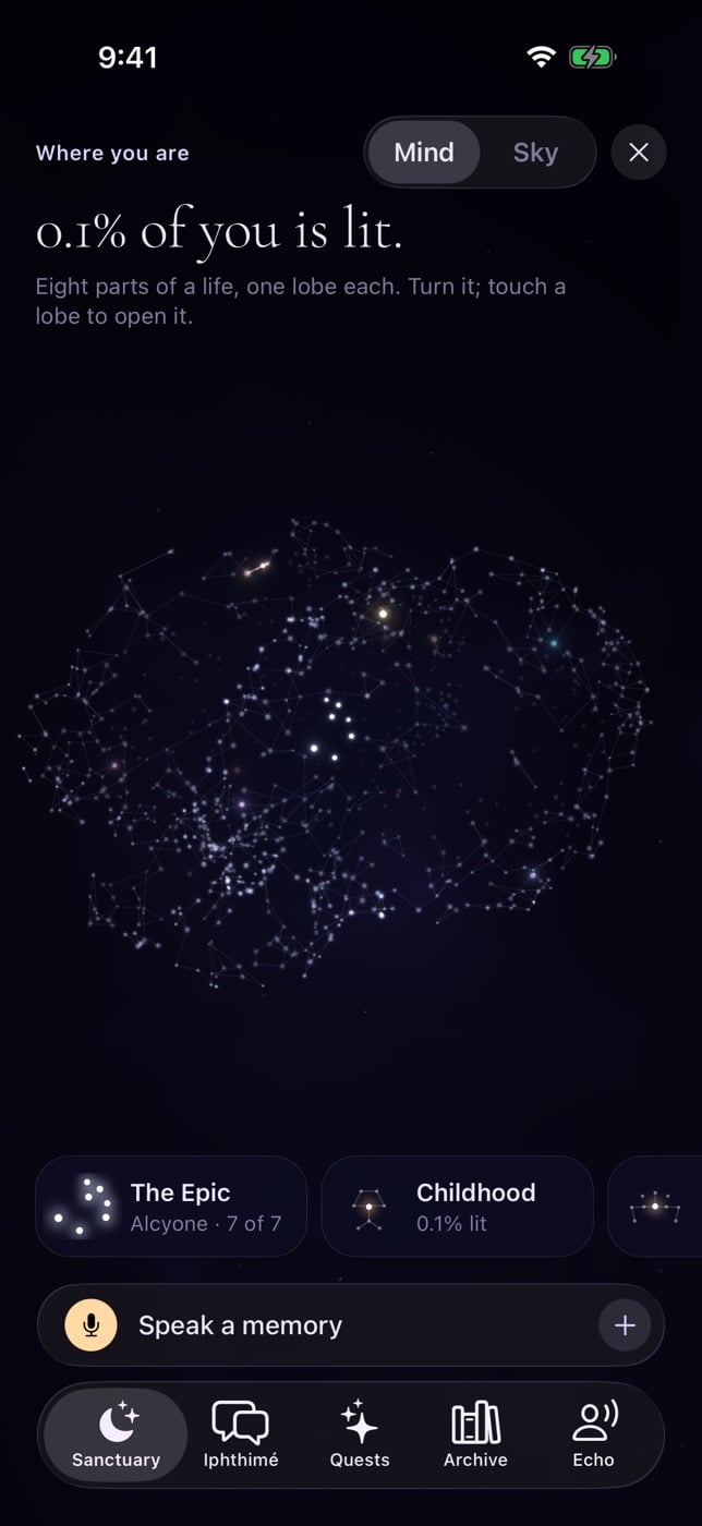 Sky, the mind: a brain of a thousand stars, lit in colour where a life has been told