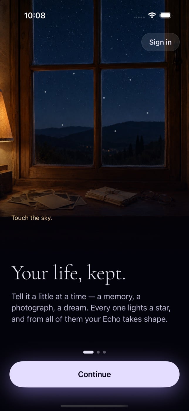 Onboarding: Your life, kept — a window at night above letters and photographs