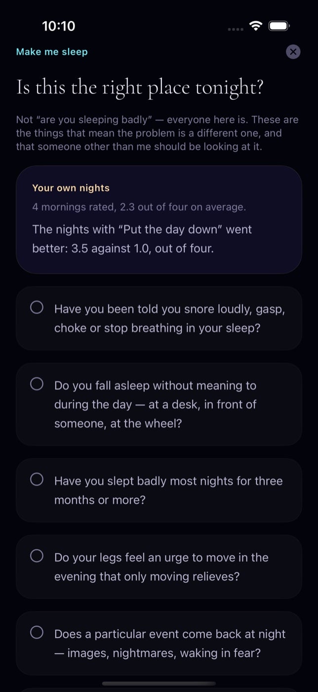 Make me sleep: is this the right place tonight, with your own nights counted above the questions