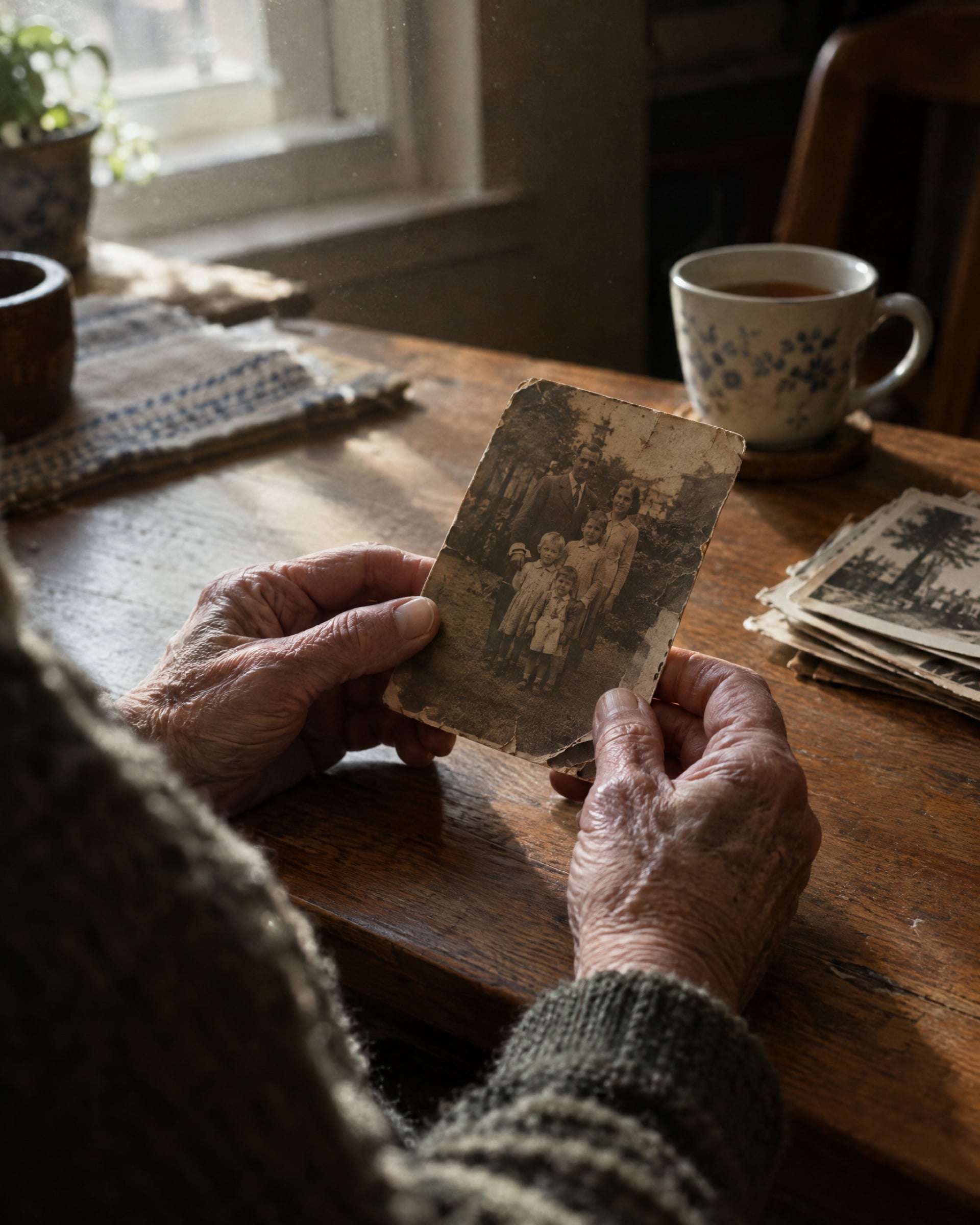 Old hands holding a photograph at a kitchen table, a cup of tea beside them