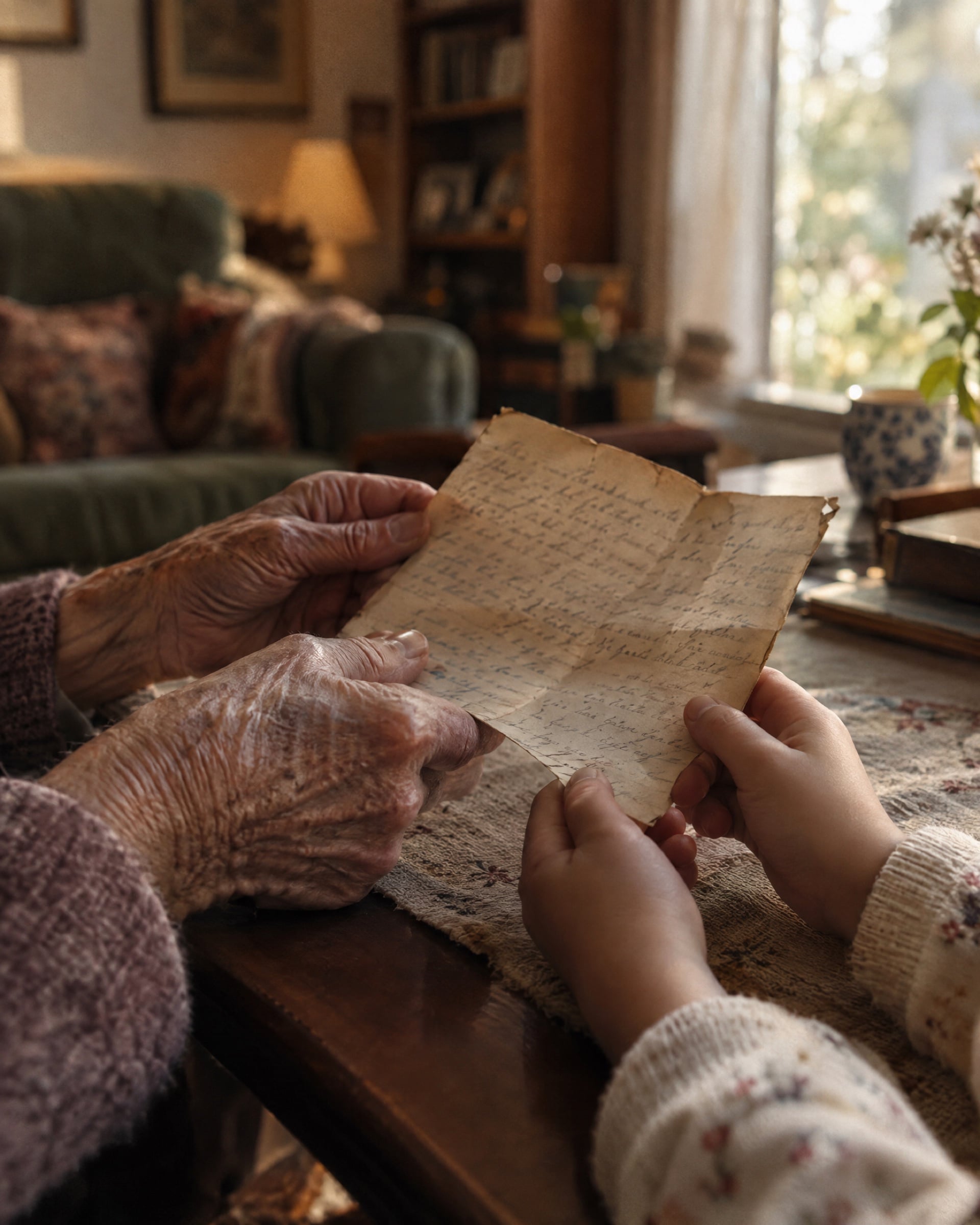 A grandmother and a child holding an old handwritten letter together