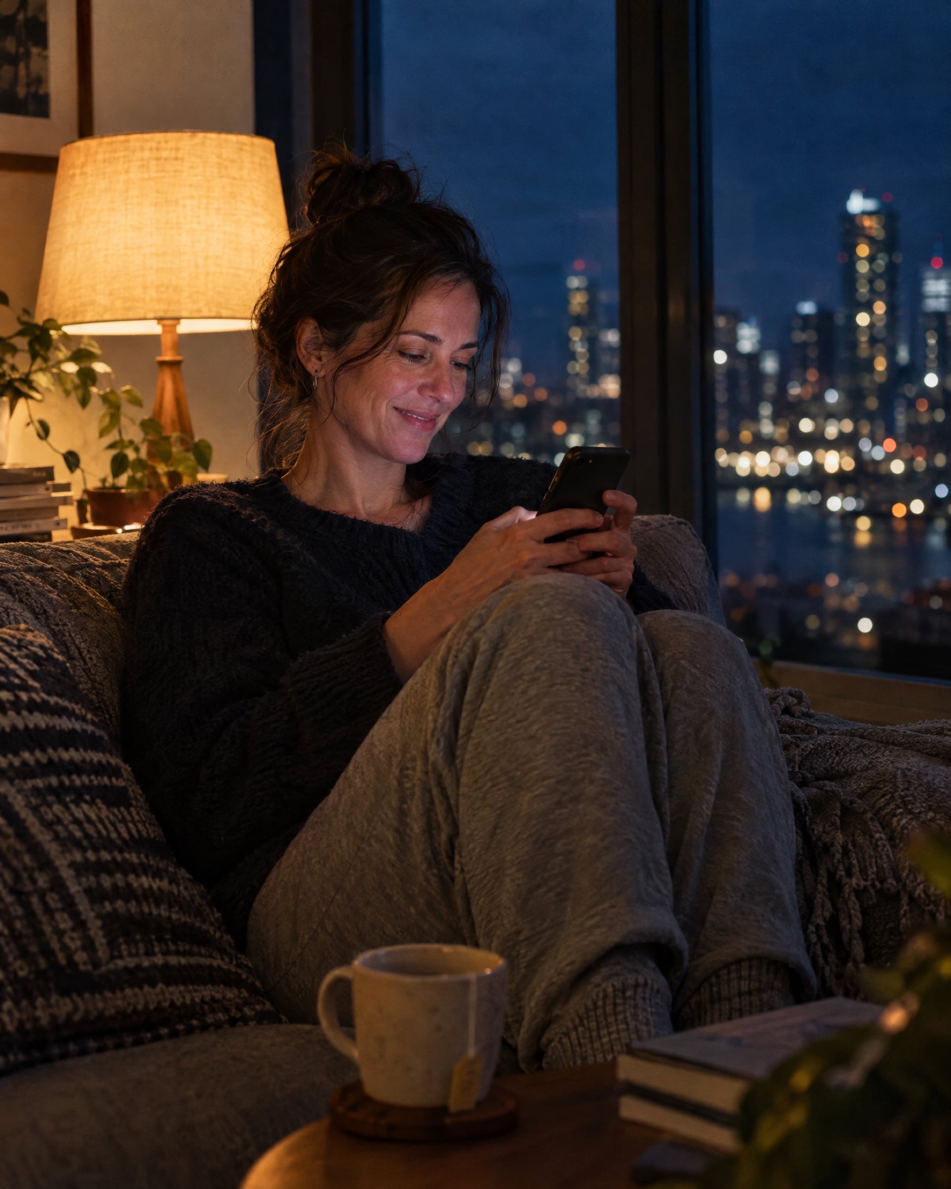 A woman on her sofa at night, writing on her phone by lamplight, a cup of tea beside her