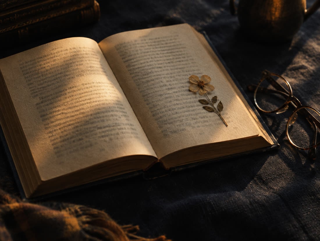 An open cloth-bound book with a pressed flower and reading glasses