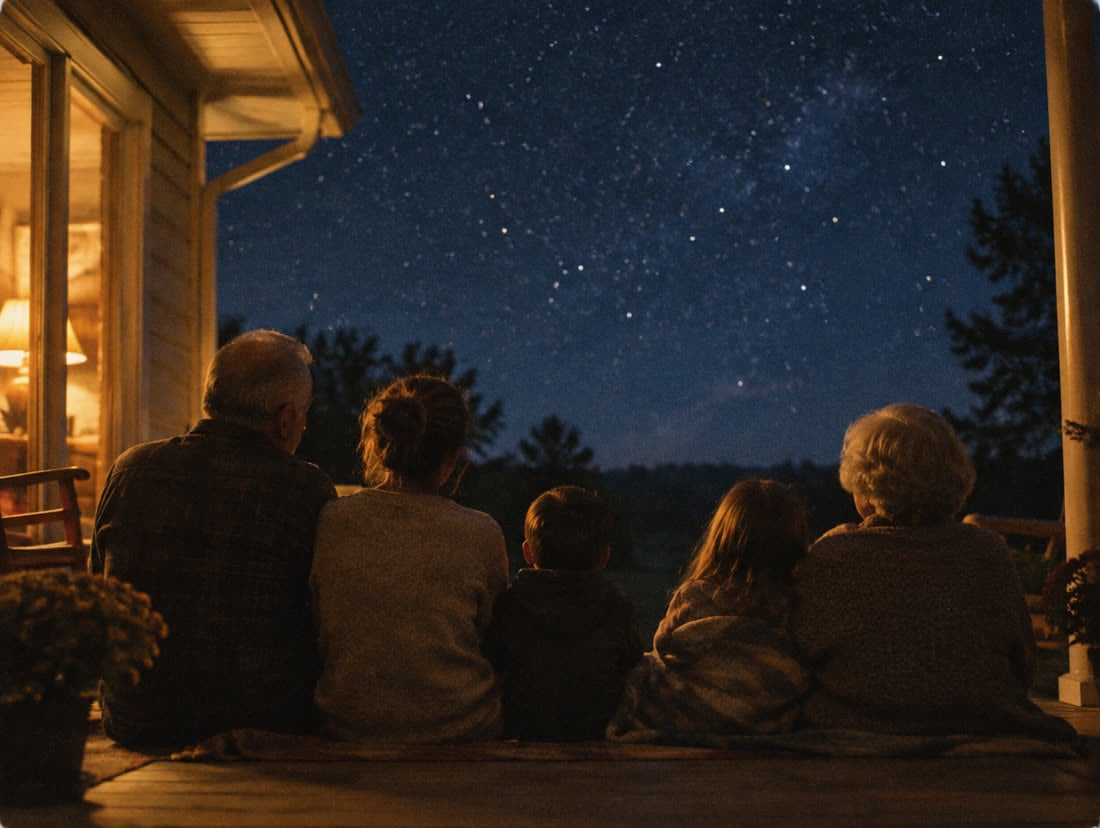Three generations of a family on a porch under the stars