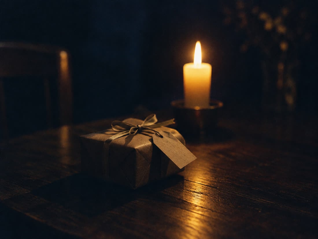 A small wrapped gift and a candle on a dark wooden table