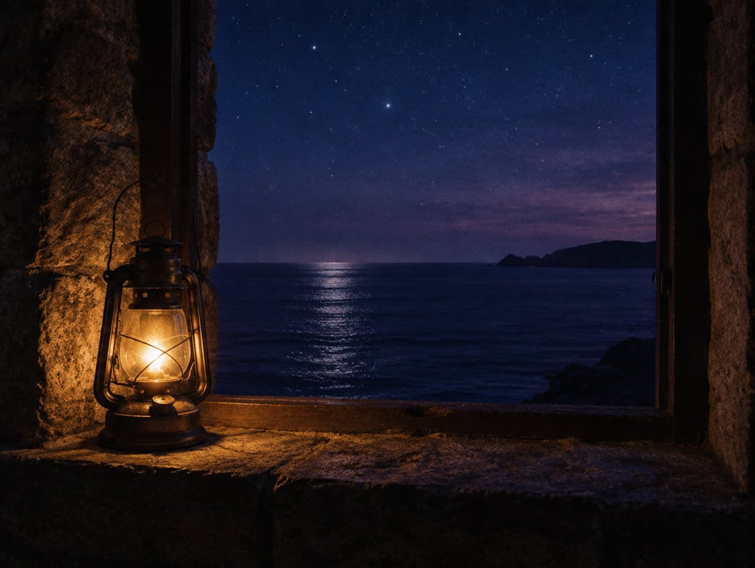 A lantern glowing on a stone windowsill above a night sea