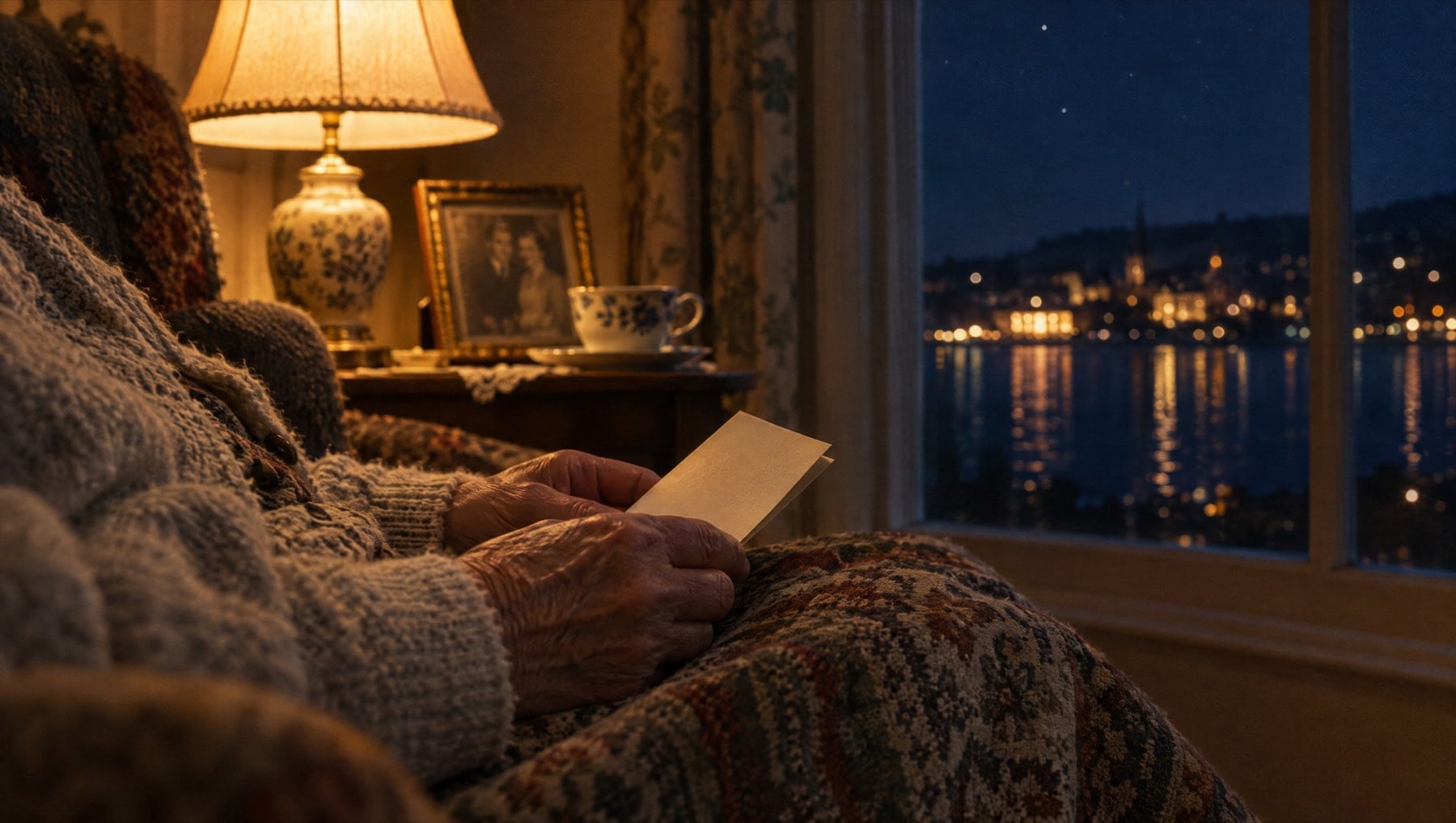 An older woman's hands holding a folded card by a window at night, a lamp lit beside her