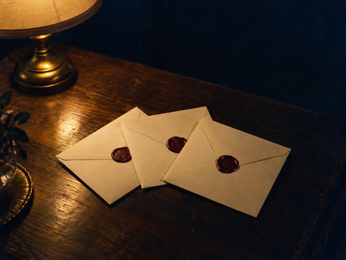 Three sealed envelopes under a warm lamp