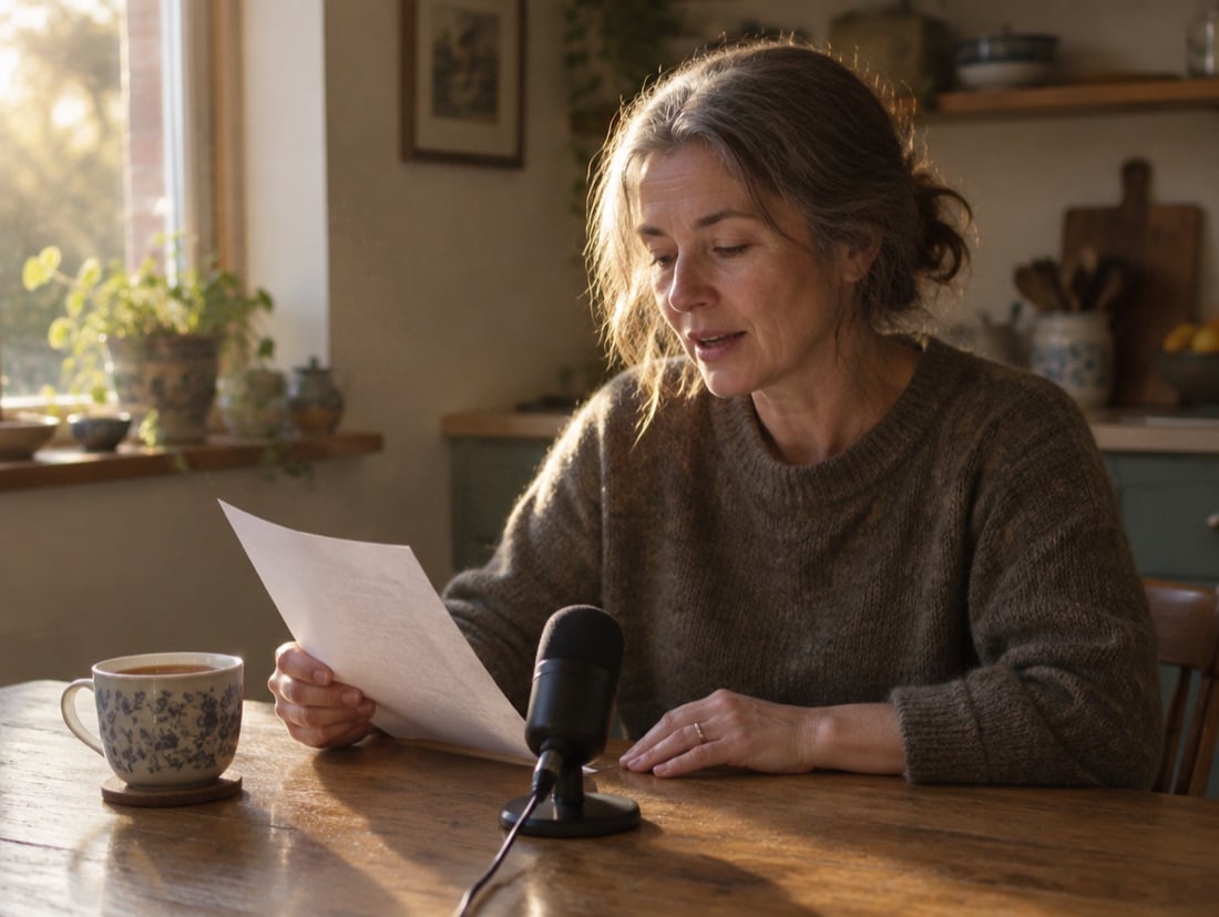 A woman reading aloud at a kitchen table in the late afternoon