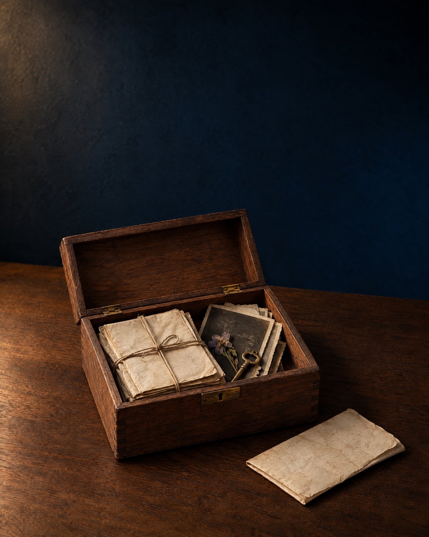 An open wooden keepsake box of old letters, photographs and a small brass key, on a walnut table