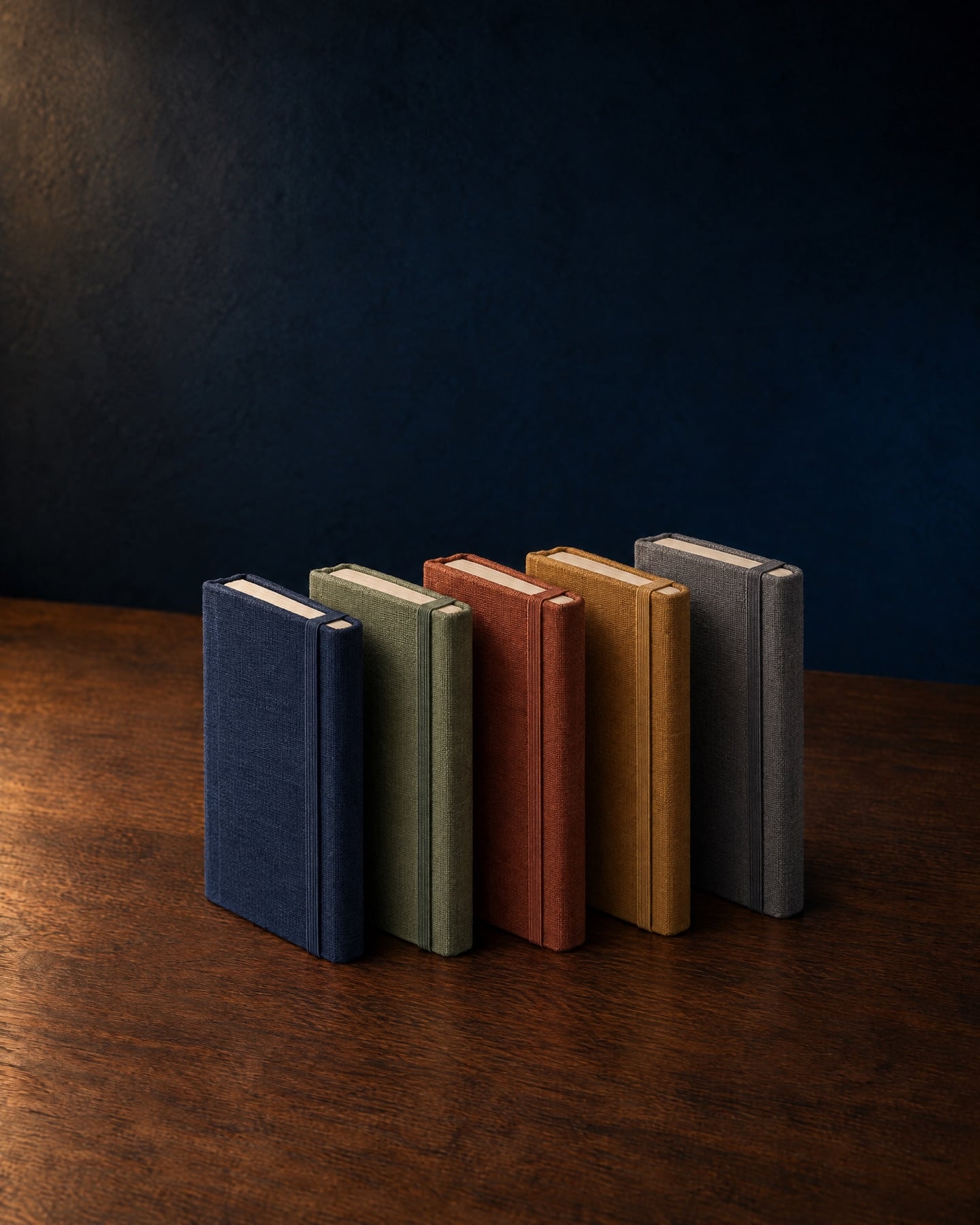 Five linen notebooks in five colors, standing side by side on a walnut table