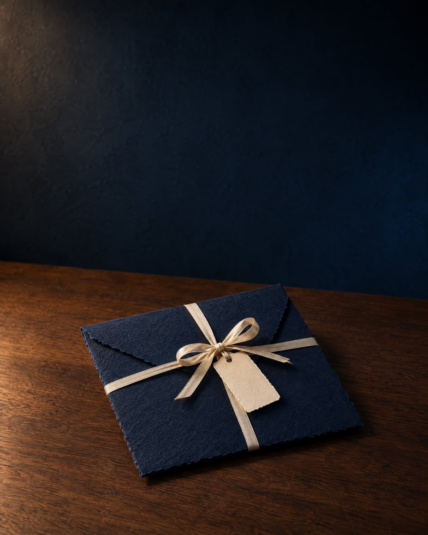 A midnight-blue envelope tied with a cream ribbon and a blank tag, on a walnut table