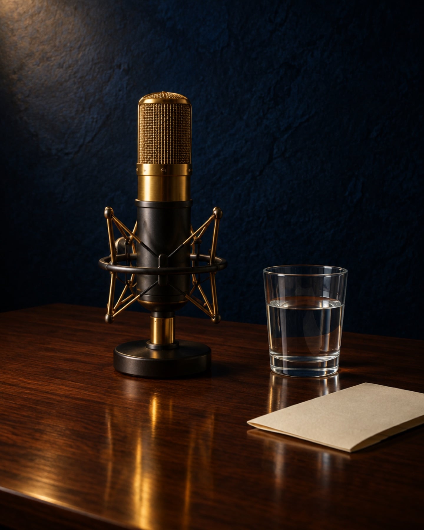 A small microphone on a walnut table beside a glass of water and a folded page